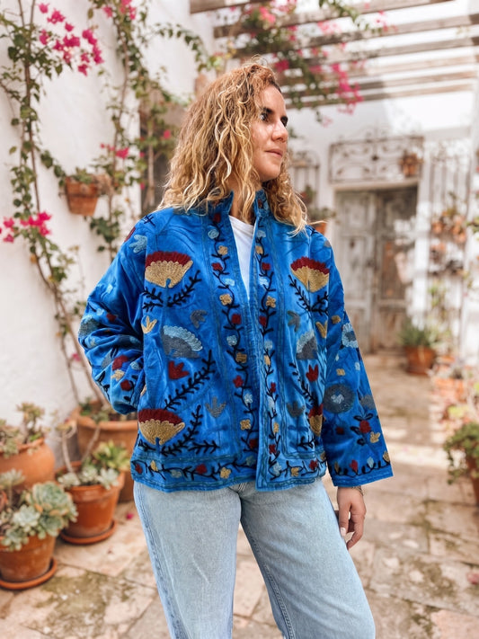 Marine Blue Floral Suzani Velvet Embroidered Jacket
