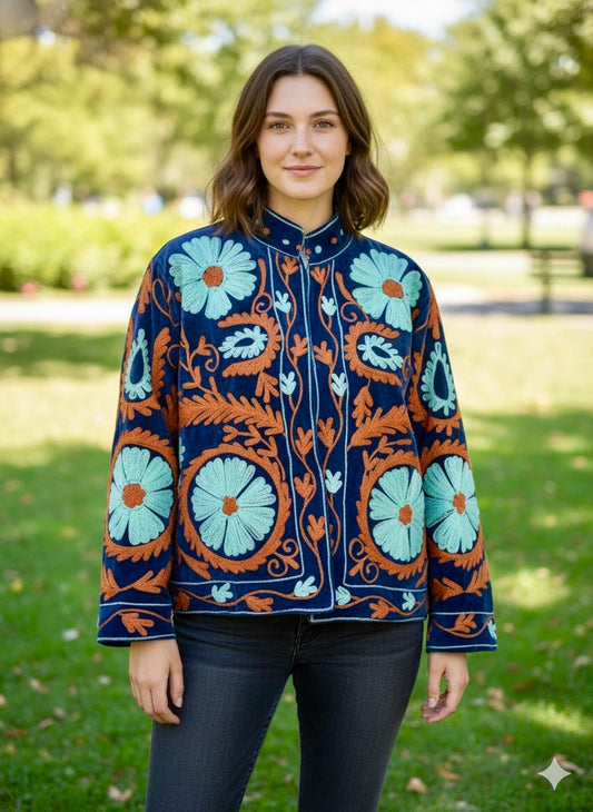 Dark Blue with Orange and Mint Suzani Velvet Embroidered Jacket