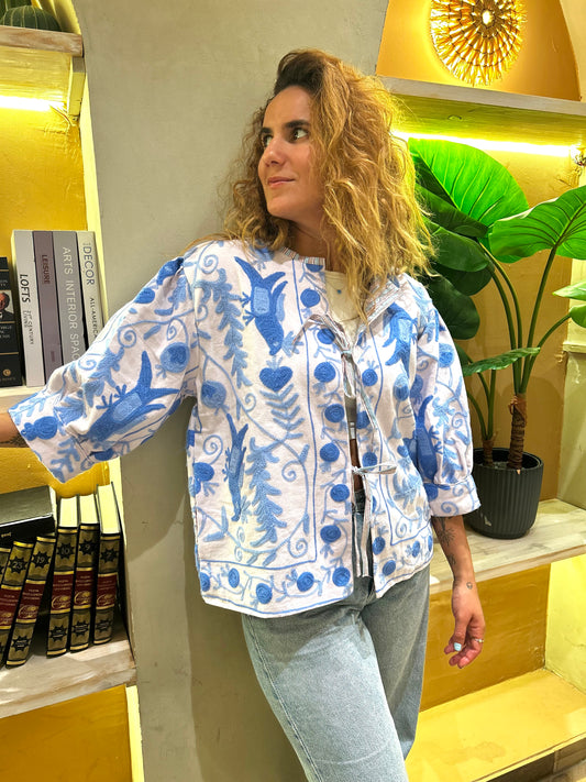 White with Blue Birds Balloon Sleeve Cotton Embroidered Jacket
