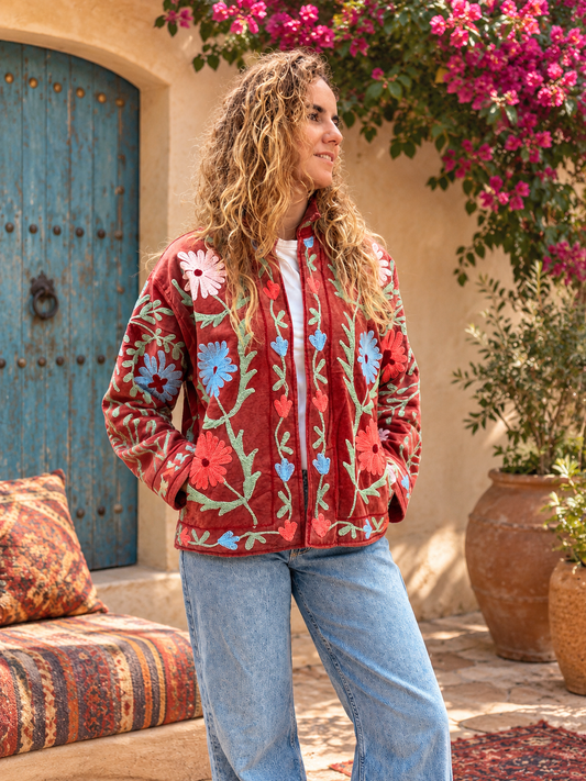 Camel Brown Bohemian Motifs Suzani Velvet Embroidered Jacket