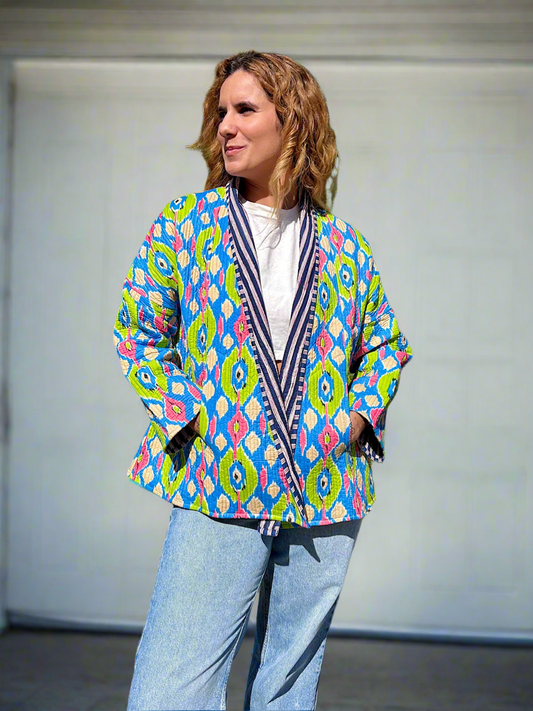 Vibrant Ikat Printed Cotton Wrap Reversible Jacket