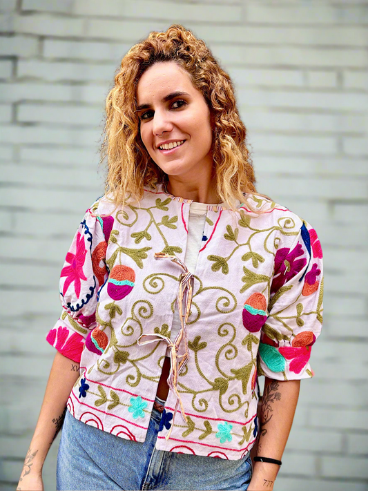 Off White Balloon Sleeve Cotton Embroidered Jacket