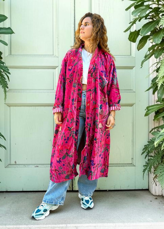 Pink Birds and Flowers Long Velvet Printed Jacket