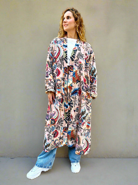 Beige Tribal Long Velvet Printed Jacket