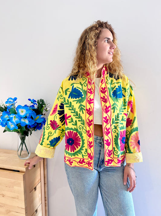 Yellow with Colours Boho Cotton Embroidered Jacket