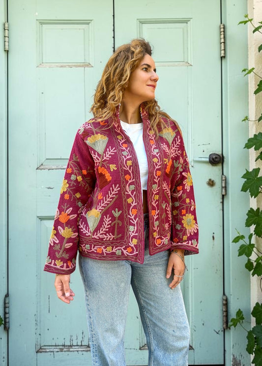 Burgundy with Colours Suzani Cotton Embroidered Jacket