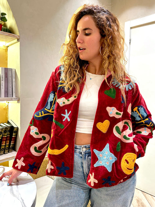 Burgundy Snakes and Motifs Suzani Velvet Embroidered Jacket