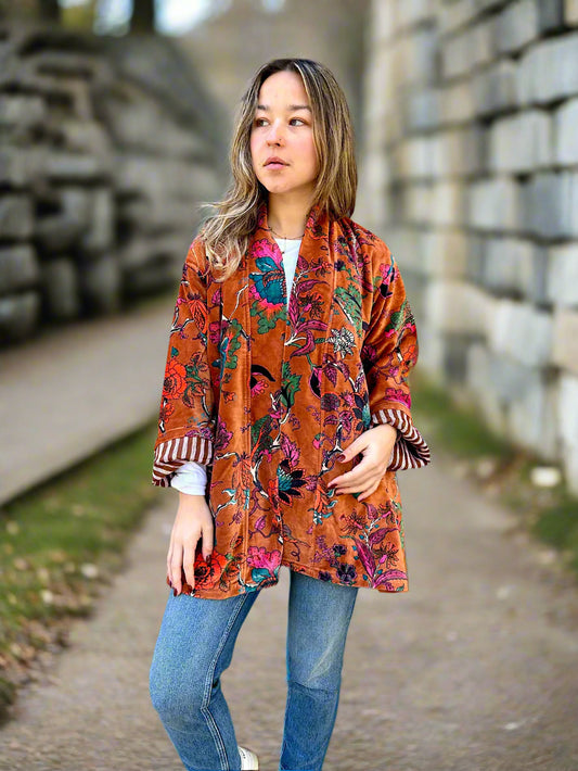 Copper Brown Botanical Short Velvet Printed Jacket