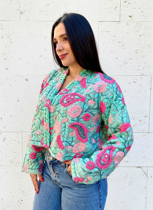 Mint with Pink Flowers and Paisley Crop Bohemian Embroidered Jacket