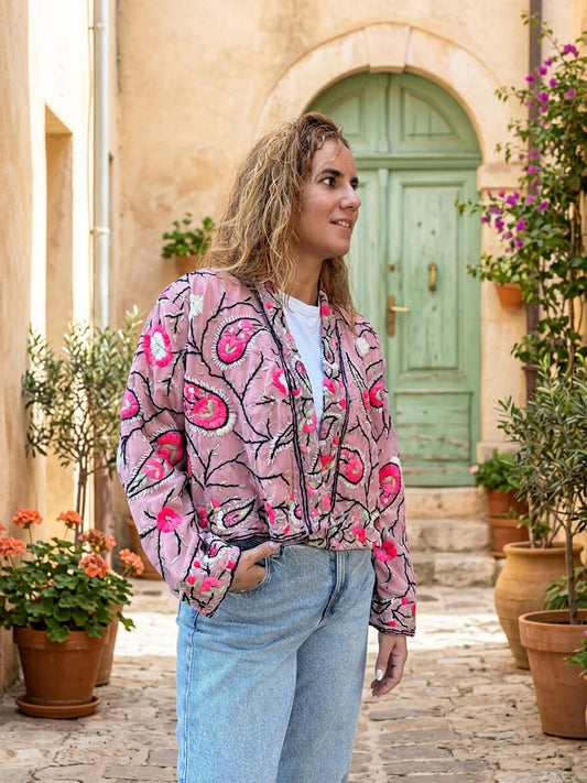 Pink Paisley Crop Bohemian Embroidered Jacket