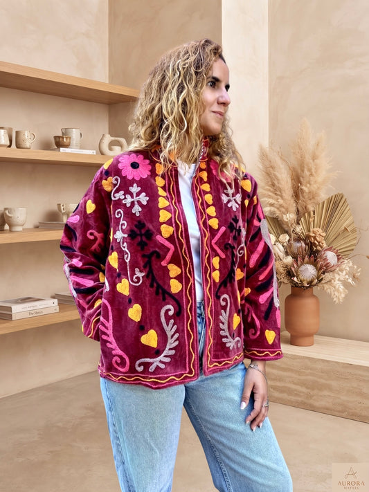 Burgundy Peace Suzani Velvet Embroidered Jacket