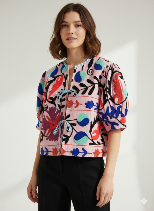 Baby Pink Balloon Sleeve Cotton Embroidered Jacket