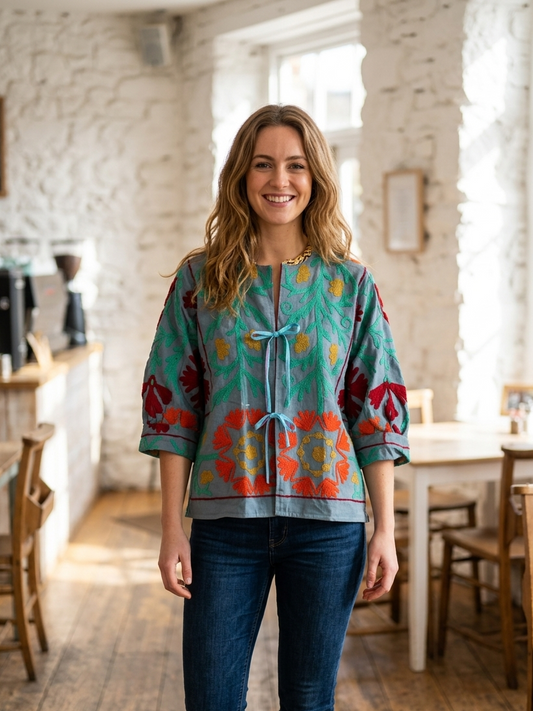 Teal Blue with Orange and Red Balloon Sleeve Cotton Embroidered Jacket
