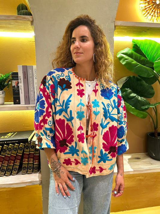 Peach with Pink and Blue Flowers Balloon Sleeve Cotton Embroidered Jacket