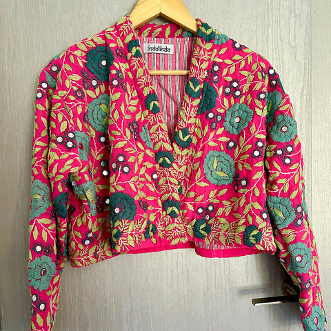 Bright Pink with Grey Flowers Crop Bohemian Jacket