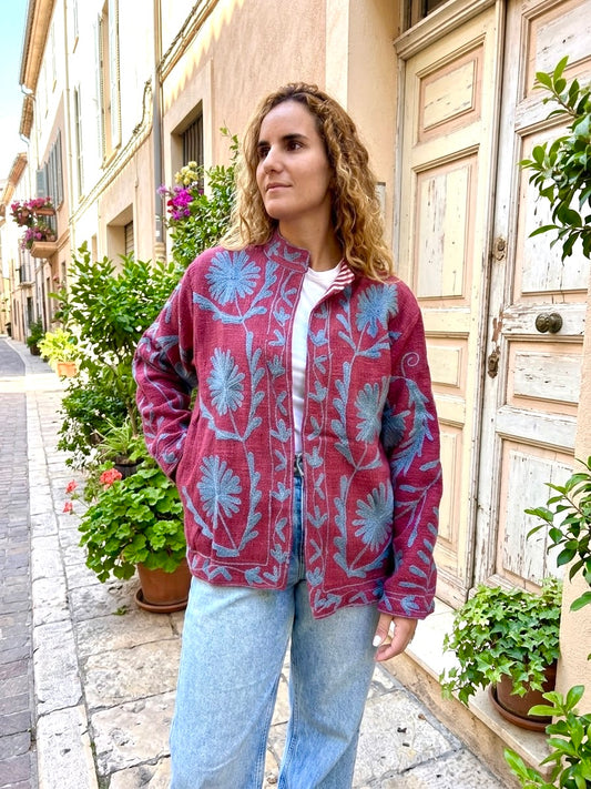 Burgundy with Grey Suzani Cotton Embroidered Jacket