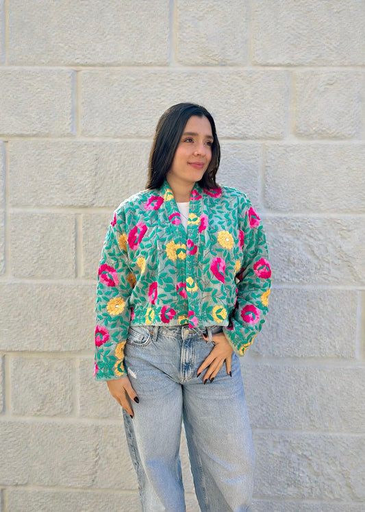 Sea Green with Pink and Yellow Flowers Crop Bohemian Embroidered Jacket