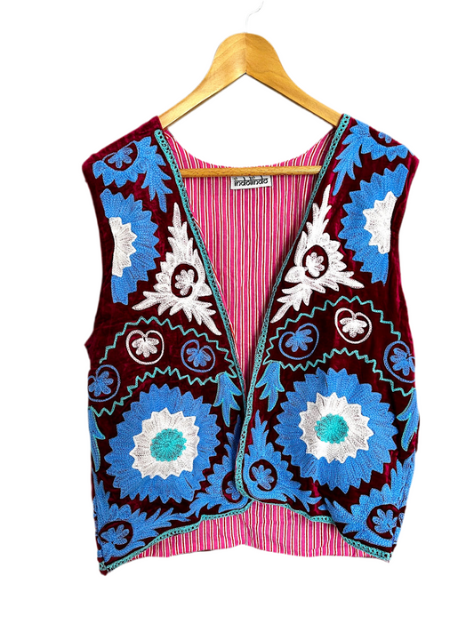 Maroon with Blue Silk Velvet Embroidered Vest