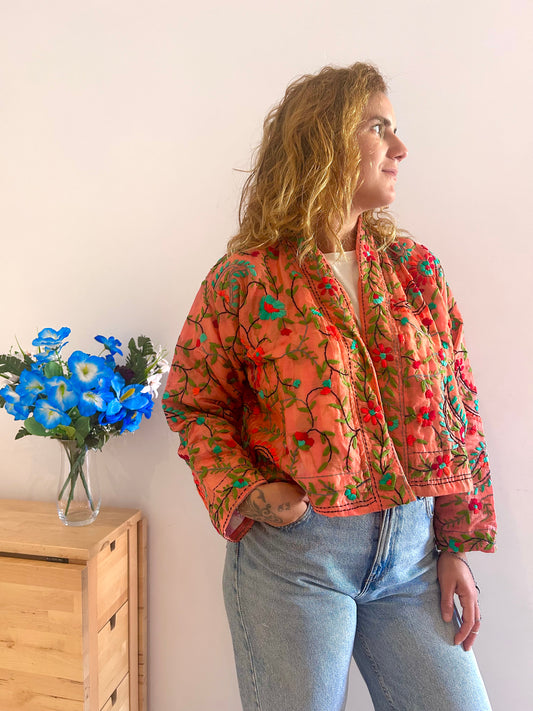 Orange Flowers and Paisley Crop Bohemian Embroidered Jacket