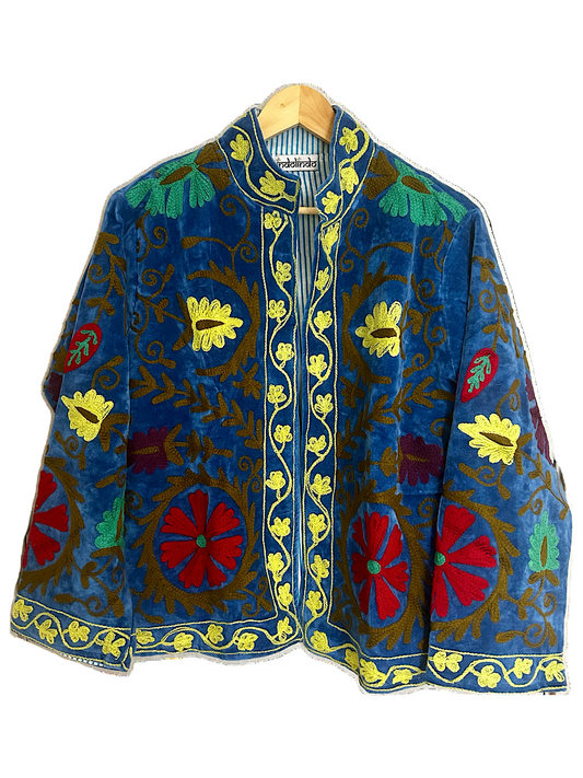 Blue with Colourful Suzani Velvet Embroidered Jacket
