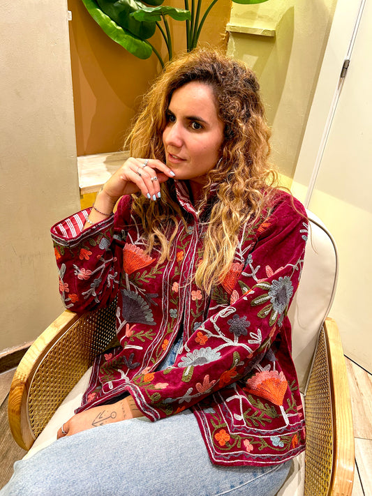 Burgundy with Flowers Suzani Velvet Embroidered Jacket