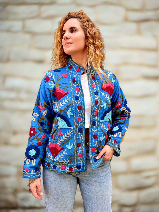 Blue with Red and Turquoise Flowers Cotton Embroidered Jacket