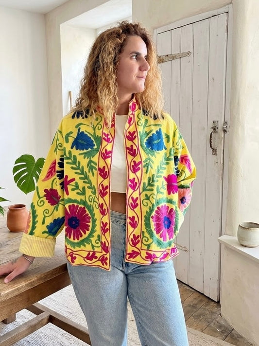 Yellow with Colours Boho Cotton Embroidered Jacket
