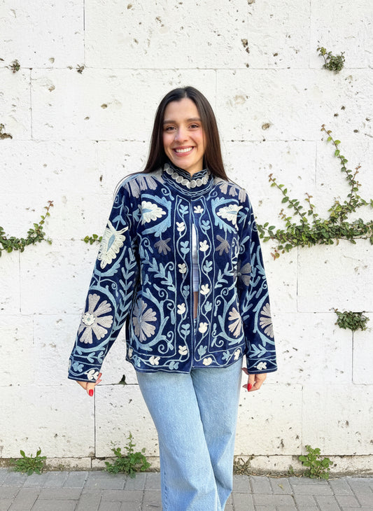Blue Monochrome Suzani Velvet Embroidered Jacket