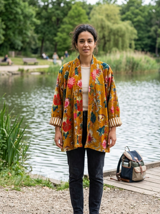Mustard Floral Short Velvet Printed Jacket