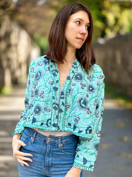 Sea Green with Grey Flowers Crop Bohemian Embroidered Jacket