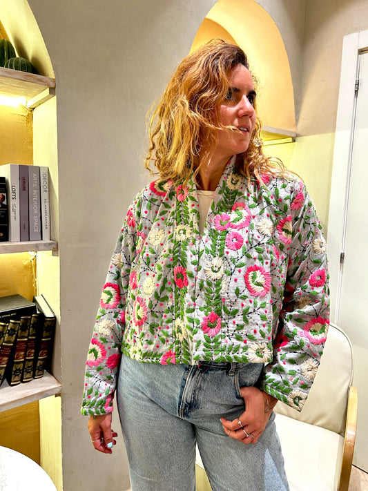 Ivory with Pink and White Flowers Crop Bohemian Embroidered Jacket