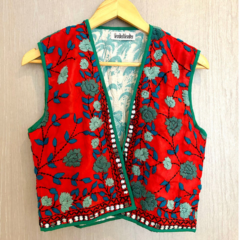 Red With Grey Flowers Crop Bohemian Jacket