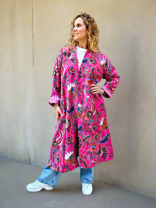 Pink Tribal Long Velvet Printed Jacket