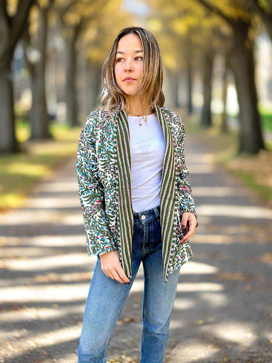 Green Botanical Printed Cotton Wrap Reversible Jacket
