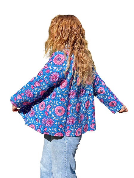 Blue and Pink Floral Printed Cotton Wrap Reversible Jacket