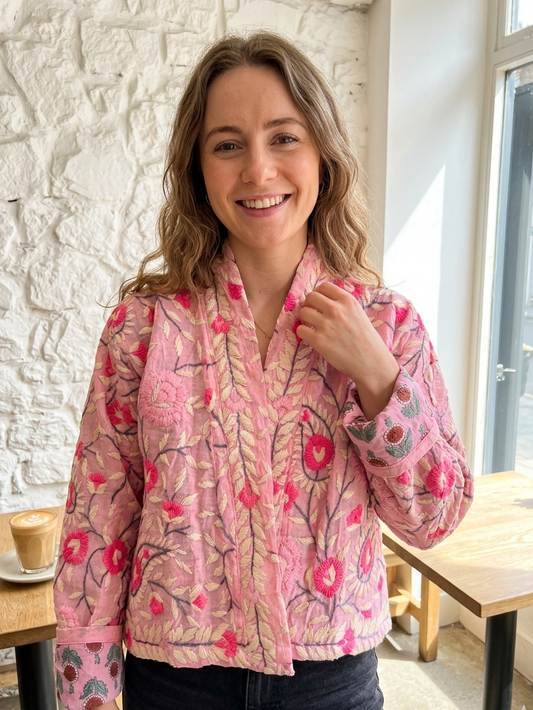 Blush Pink Crop Bohemian Embroidered Jacket