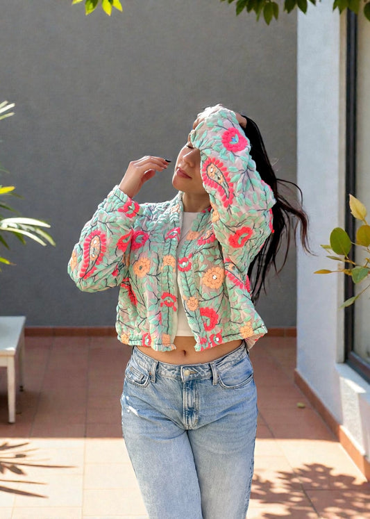 Beige with Peach Flowers Bohemian Embroidered Jacket