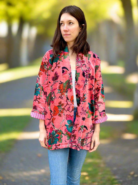 Peach Floral Short Velvet Printed Jacket