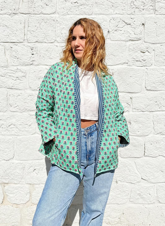 Sea Green and Blue Block Printed Cotton Wrap Reversible Jacket
