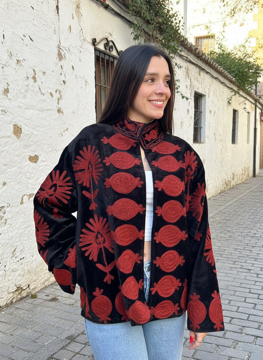 Black and Maroon Suzani Velvet Embroidered Jacket