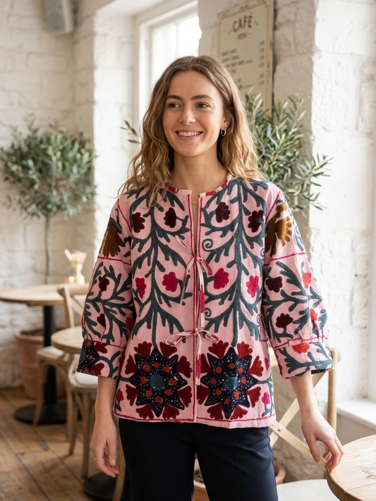 Pastel Pink with Colourful Flowers Balloon Sleeve Cotton Embroidered Jacket