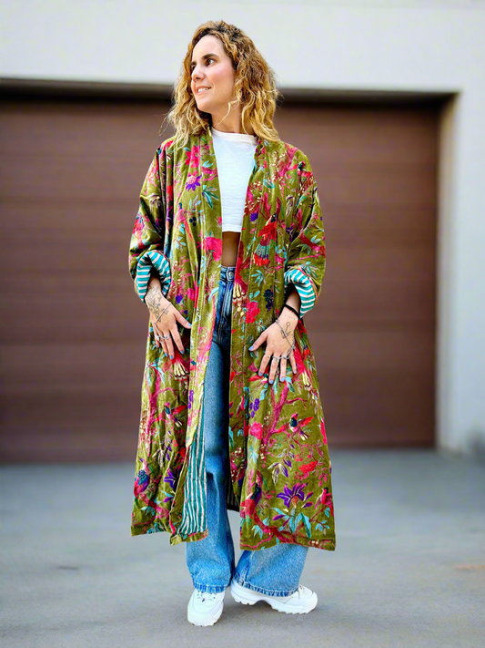 Green Birds and Flowers Long Velvet Printed Jacket