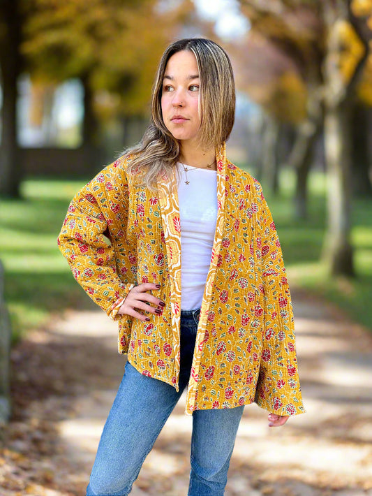 Mustard Yellow Floral Printed Cotton Wrap Reversible Jacket