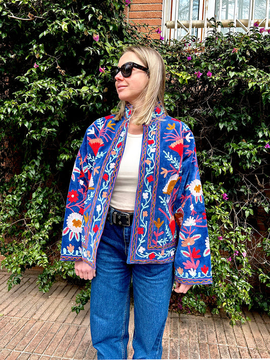 Blue Colourful Velvet Embroidered Jacket