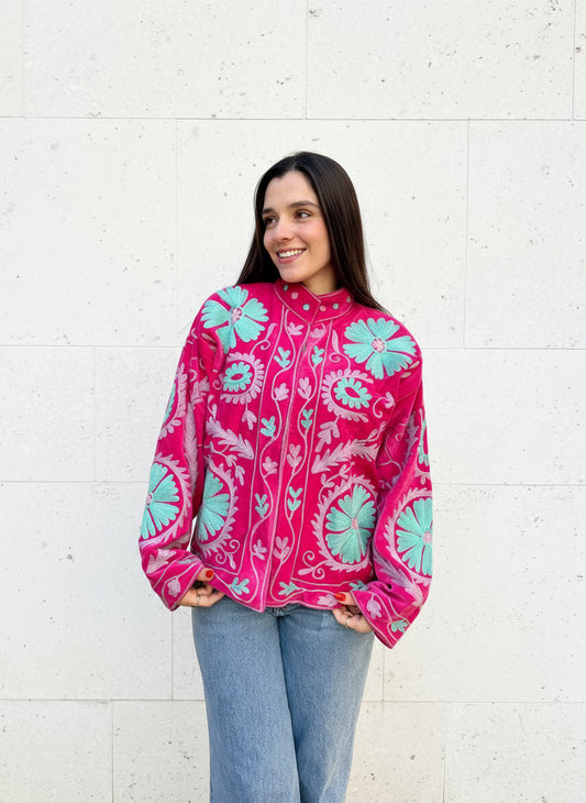 Pink with Mint Blue Suzani Velvet Embroidered Jacket