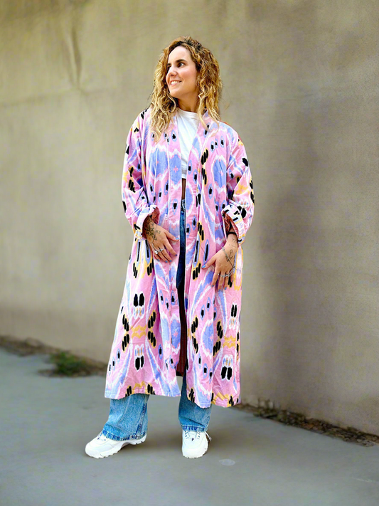 Baby Pink Ikat Long Velvet Printed Jacket