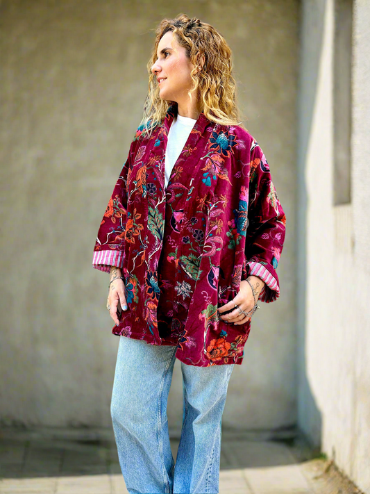 Burgundy Floral Short Velvet Printed Jacket