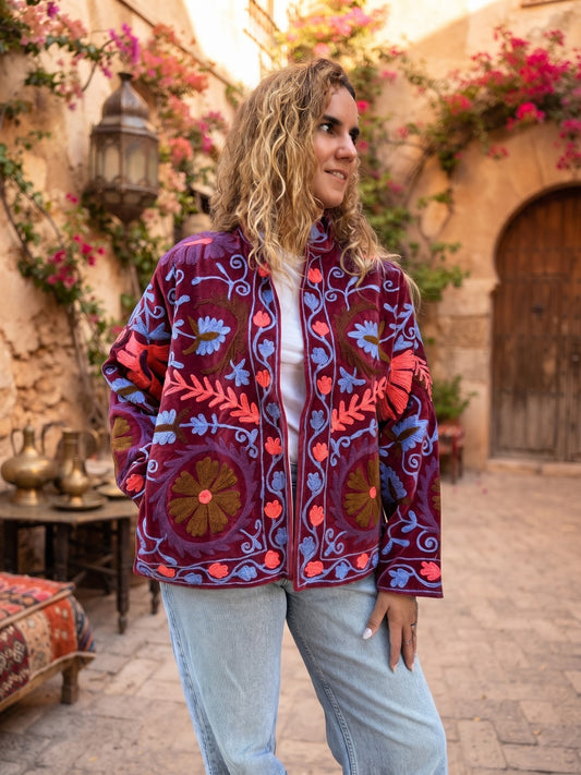 Rich Burgundy Bohemian Motifs Suzani Velvet Embroidered Jacket