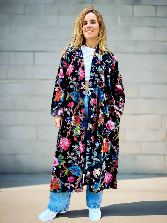 Black Botanical Long Velvet Printed Jacket