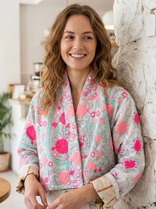 Ivory with Pink Flowers Crop Bohemian Embroidered Jacket